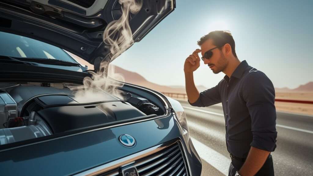 Driver standing under Qatar's sun while his car's engine is overheating.